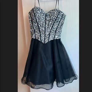 Short black sequin bodice tulle skirt formal dress